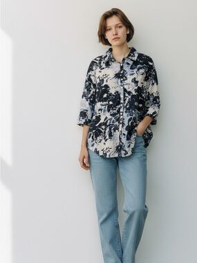 Michele Navy and White Floral Button-Down Shirt Dress, Size L/XL